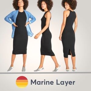 MARINE LAYER Lexi Daytime Black Ribbed Midi Dress Bodycon Travel Stretchy Size L